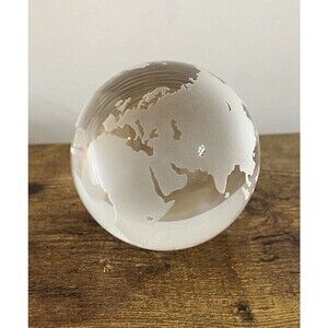 Vtg Clear WORLD MAP GLOBE Etched Glass Large Marble Paperweight Office Decor